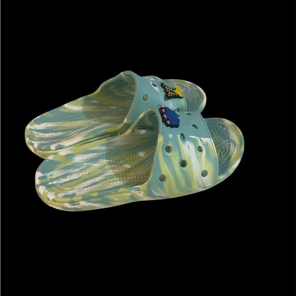 CROCS Kids Slide Sandals with Butterfly and Paw Charms - Green and Yellow - Picture 2 of 6